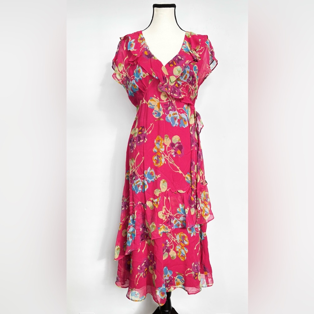 Sundance Pink Floral‎ Silk Babydoll Boho Retro Sheer Midi Ruffle Dress Size 4
